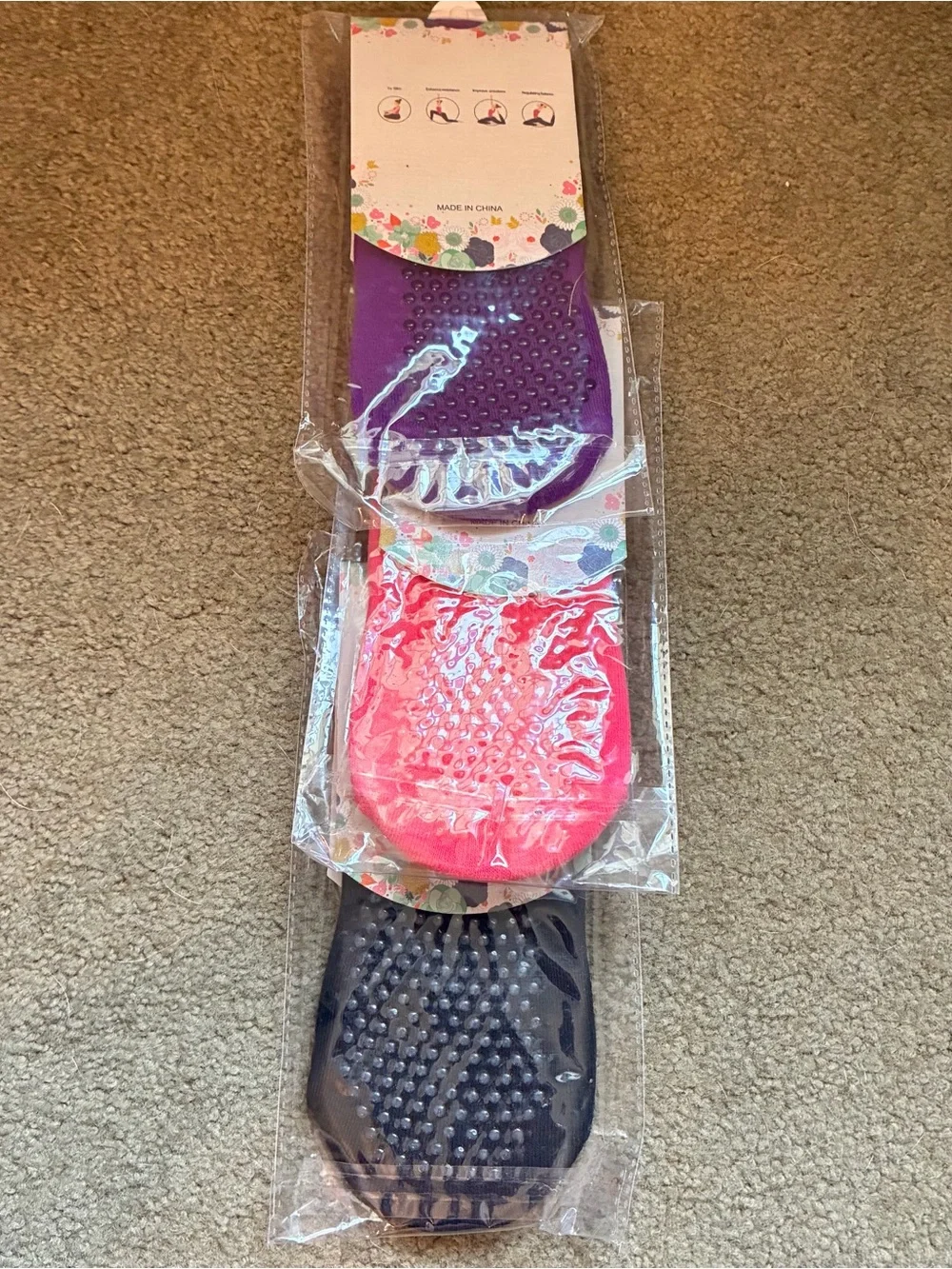 3 Pairs Of Grip Yoga Socks for Women - Purple, Pink & Black New OS